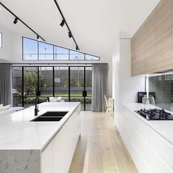 Kitchen design with panoramic windows in a modern style