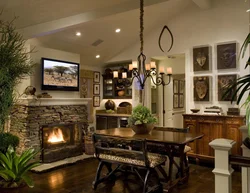 Kitchen interior with fireplace in apartment