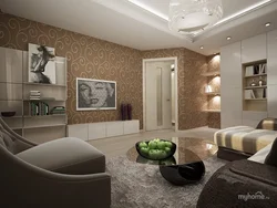 Beige wallpaper in the living room in a modern style photo in the interior