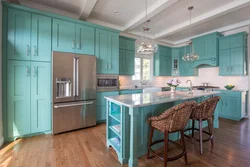 What color goes with gray-blue in the kitchen interior