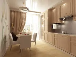 White kitchens in the interior with beige wallpaper