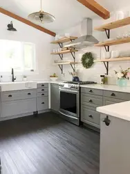 Kitchens without wall cabinets in the interior of a country house