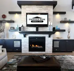 TV and fireplace on one wall in the living room interior