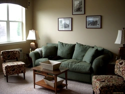 Green Sofa In The Living Room Interior And Photo Curtains In The Interior