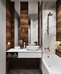 Ағаш және мәрмәр плиткалары бар ванна бөлмесінің дизайны фото