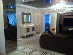 Living room design with wall-to-wall mirror