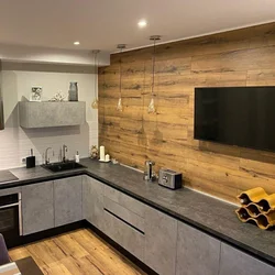 Photo of a kitchen without upper cabinets in style