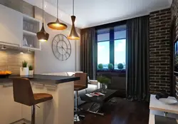 Kitchen design 25 sq.m. with a bar counter