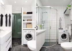 Bathroom with tiled shower and washing machine photo