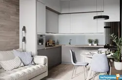 Kitchen design living room 12 sq m with sofa