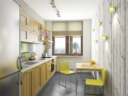 Small narrow kitchen design photo with refrigerator