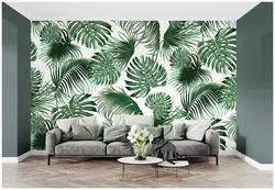 Wallpaper with leaves in the living room interior photo