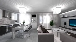 Design of a combined kitchen and living room in white