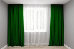 Green curtains in the living room interior