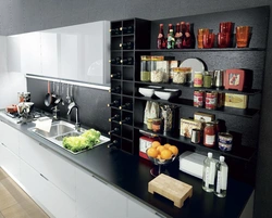 Kitchen design with wall shelves