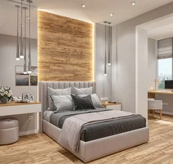 Bedroom interior with wooden wall photo