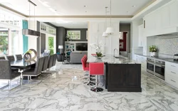 White porcelain stoneware floor in the interior of the kitchen living room