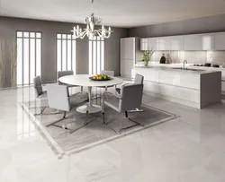 White porcelain stoneware floor in the interior of the kitchen living room