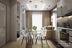 Kitchen design 15 sq m with a sofa in the apartment