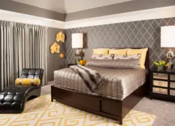 Bedroom interior with brown wallpaper and furniture