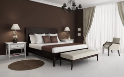 Bedroom interior with brown wallpaper and furniture