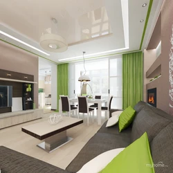 Green kitchen in the interior with living room design