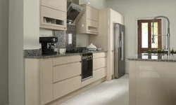 Combination of white gray and beige in the kitchen interior