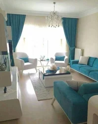 Living room in beige and blue tones design