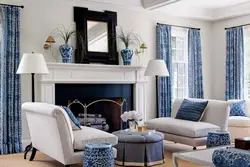 White and blue living room photo