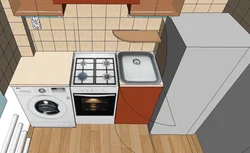 Дызайн кухні з халадзільнікам і пральнай машынай і газавай плітой
