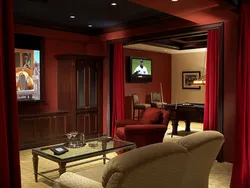 Living room interior in red colors