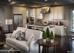 White kitchens combined with living room photo