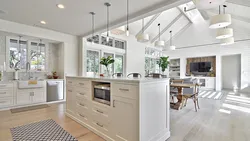 Modern living room interior with white kitchen