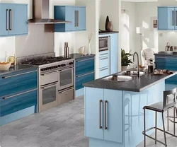 Photo of a blue and beige kitchen