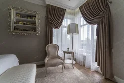 Velvet curtains in the bedroom interior photo