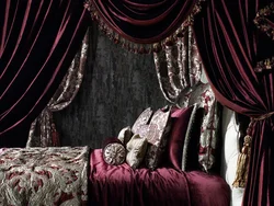 Velvet curtains in the bedroom interior photo