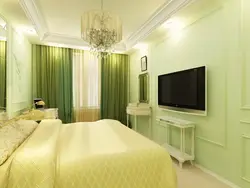 Green wallpaper in the bedroom interior what kind of curtains photo