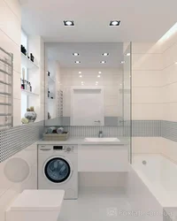 Bathroom 6 sq m design with bathtub and washing machine