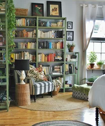 Shelving in the interior of the living room photo in a city apartment