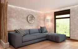 Wallpaper in the interior of the living room with dark furniture