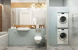 Design of a large bathroom with toilet and washing machine