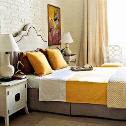 Yellow curtains in the bedroom interior photo