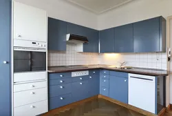 Kitchen interior with white top and blue bottom