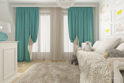 Mint-colored curtains in the living room interior