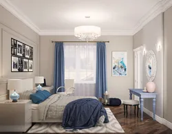 Bedroom interior in beige and blue tones