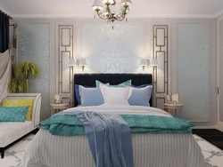Bej və mavi tonlarda yataq otağı interyeri