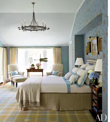 Bedroom interior in beige and blue tones