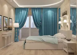 Bedroom interior in beige and blue tones