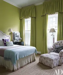 Olive curtains in the bedroom interior photo