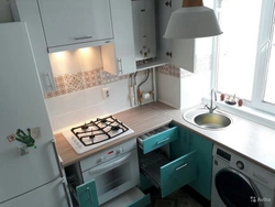 Brezhnevka kitchen design with refrigerator photo